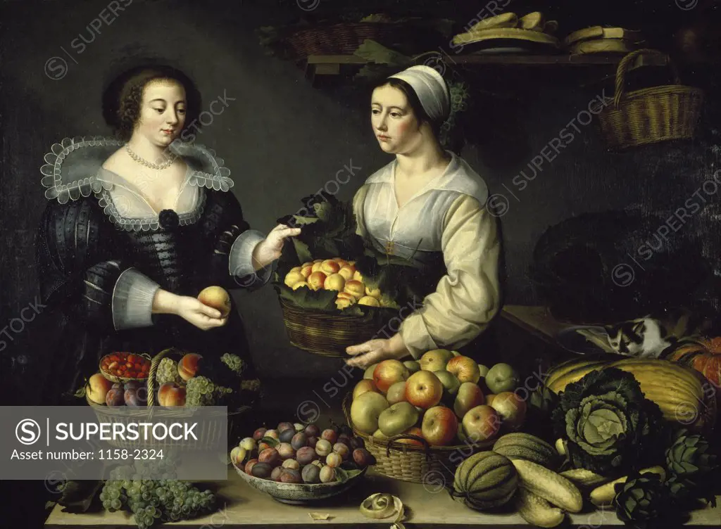 Two women with fruit baskets by unknown artist