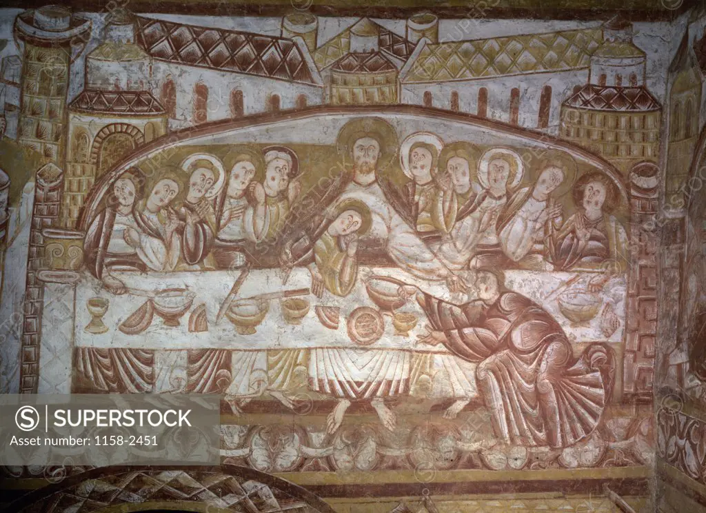 The Last Supper by artist unknown,  fresco,  12th century