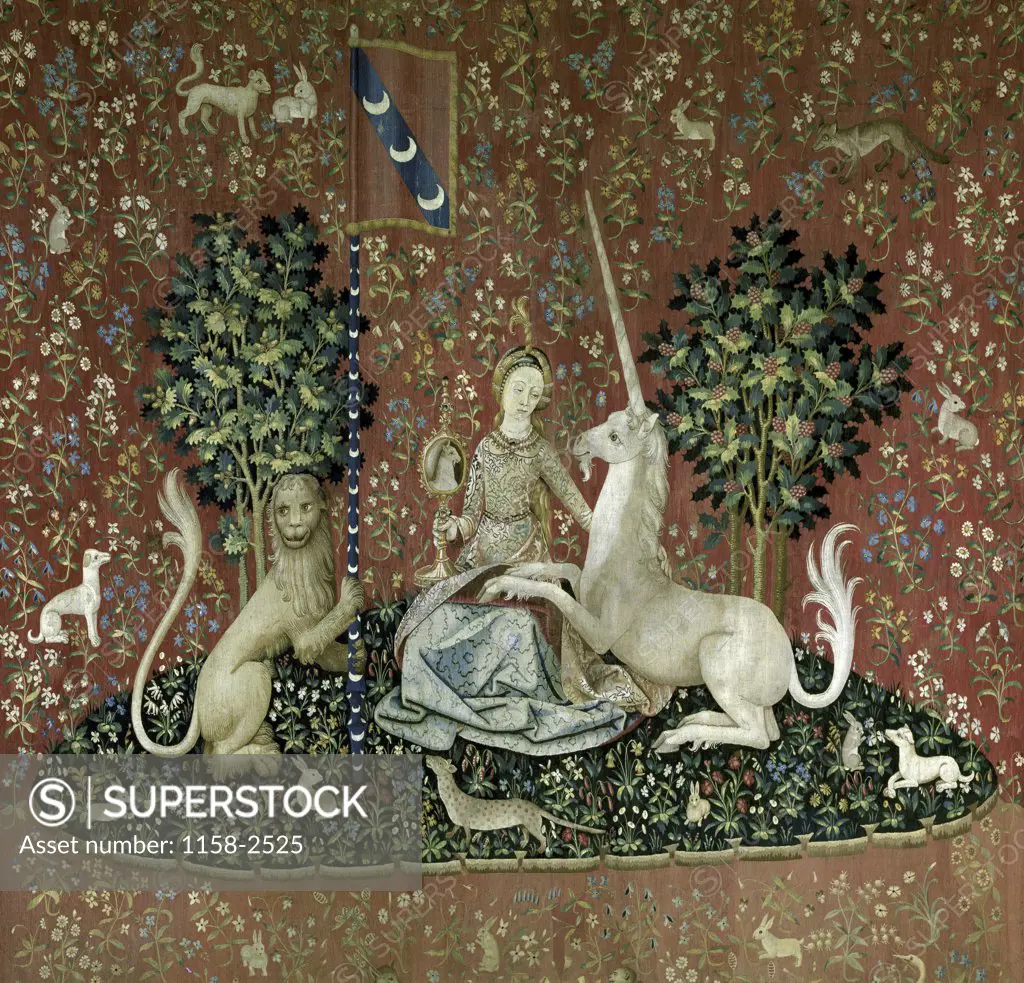 Lady and the Unicorn - Sense of Sight 15th Century Tapestry (Flemish) Musee National du Moyen Age, Thermes & Hotel de Cluny, Paris, France 