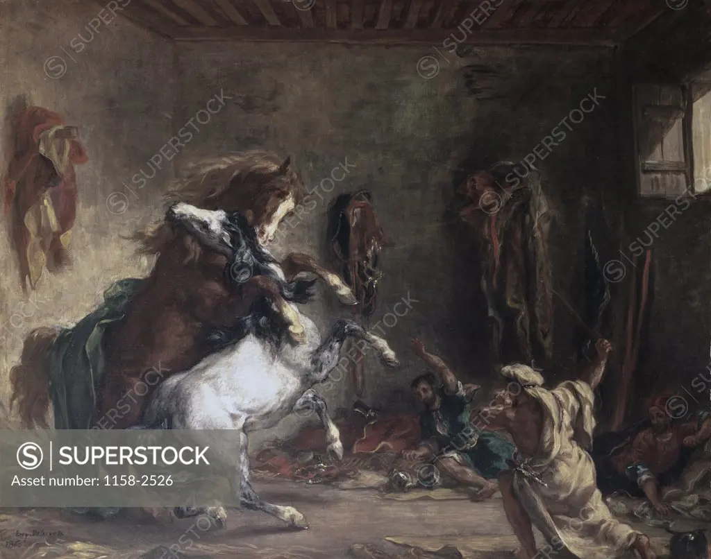 Arabian Horses Fighting In A Stable Chevaux Arabes Combattant Dans Un Stable 1860 Eugene Delacroix (1798-1863 French) Oil On Canvas Musee d'Orsay, Paris, France