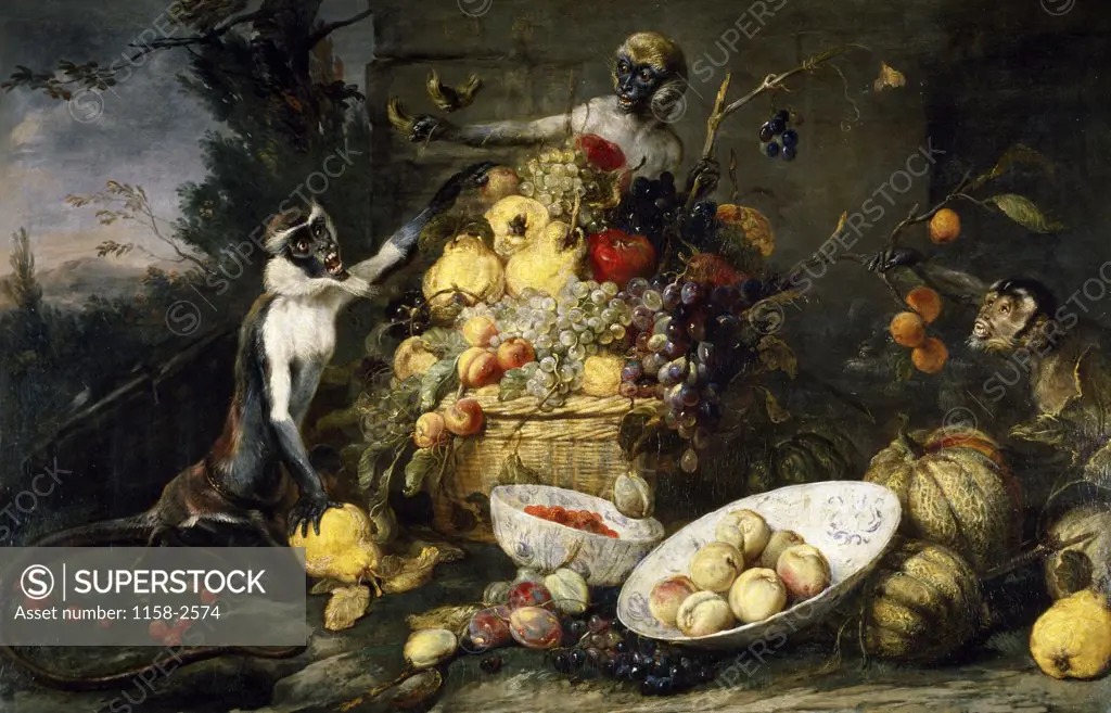 Fruits and Vegetables with Monkey, Parrot and Squirrel by Frans Snyder, 1579-1657