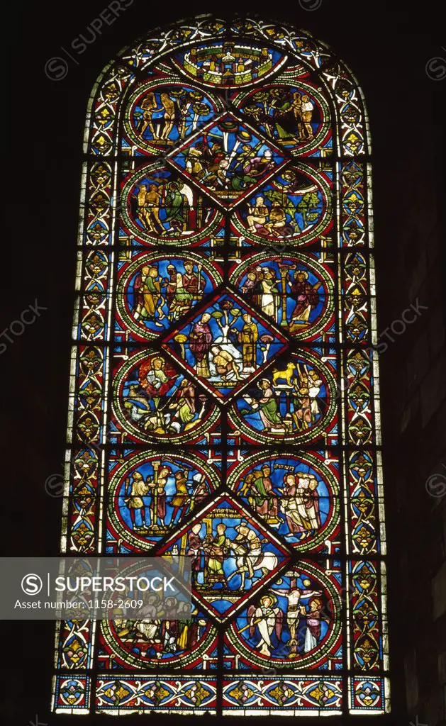 France, Burgundy, Sens, Sens Cathedral, Parable of the Good Samaritan, stained glass