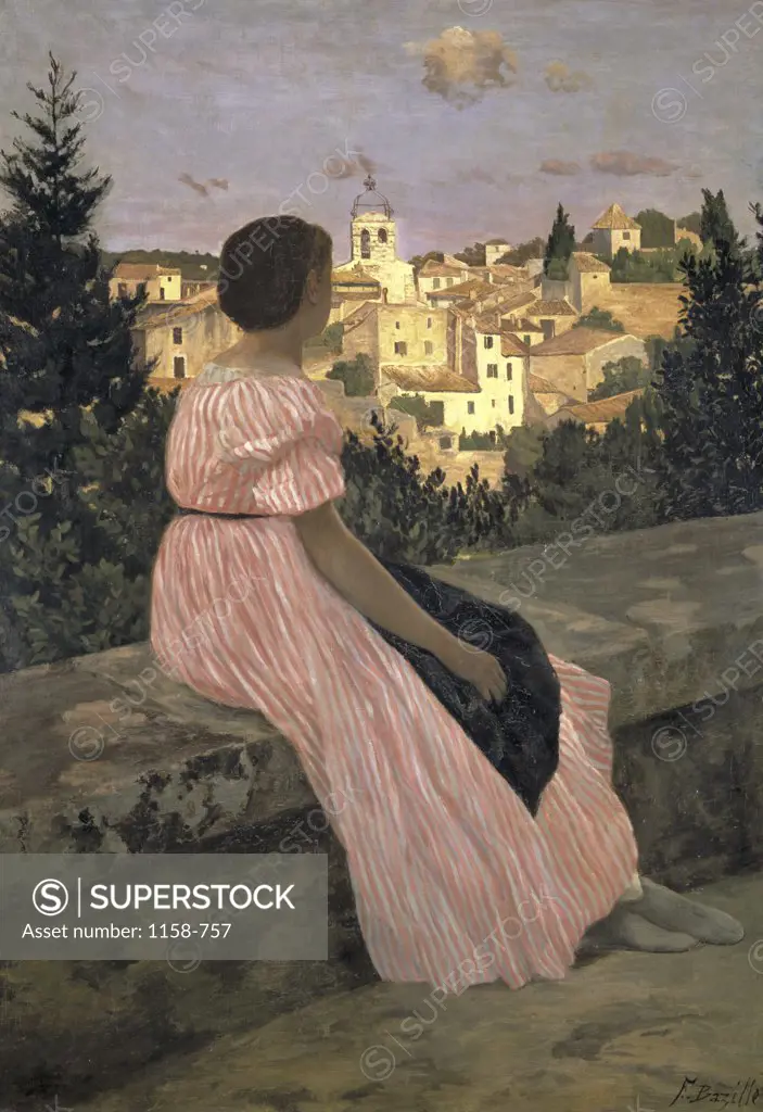 The Pink Dress (View of Castelnau-le-Lez, Hérault)     1864  Frederic Bazille (1841-1870/French)  Oil on canvas Musee d'Orsay, Paris  