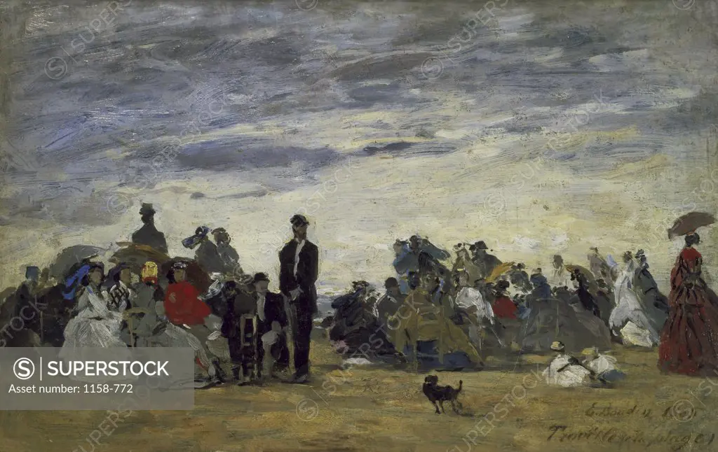 The Beach at Trouville  (La Plage a Trouville)  1864 Eugene Louis Boudin (1824-1898/French)  Oil on canvas  Musee d'Orsay, Paris  