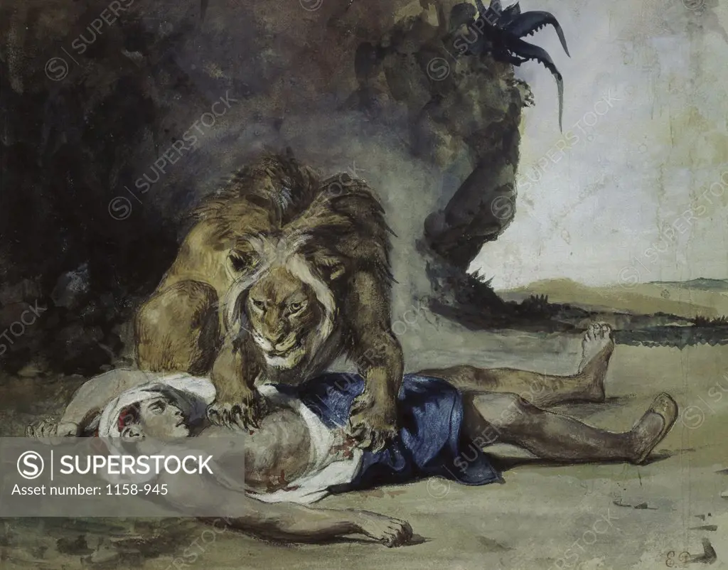Lion Rending Apart a Corpse  (Lion Dechirant un Cadavre)  Eugene Delacroix (1798-1863/French)  Private Collection, Zurich  