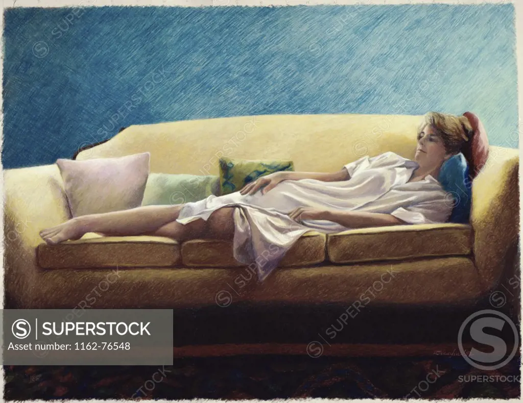 Woman Reclining on a Sofa  1992  Helen J. Vaughn (20th C. American) Pastel on board Private Collection