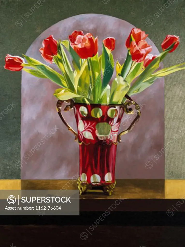 Red Tulips In A Cranberry Vase 2005 Helen J. Vaughn (20th C. American) Oil G & S Leaf Canvas Private Collection