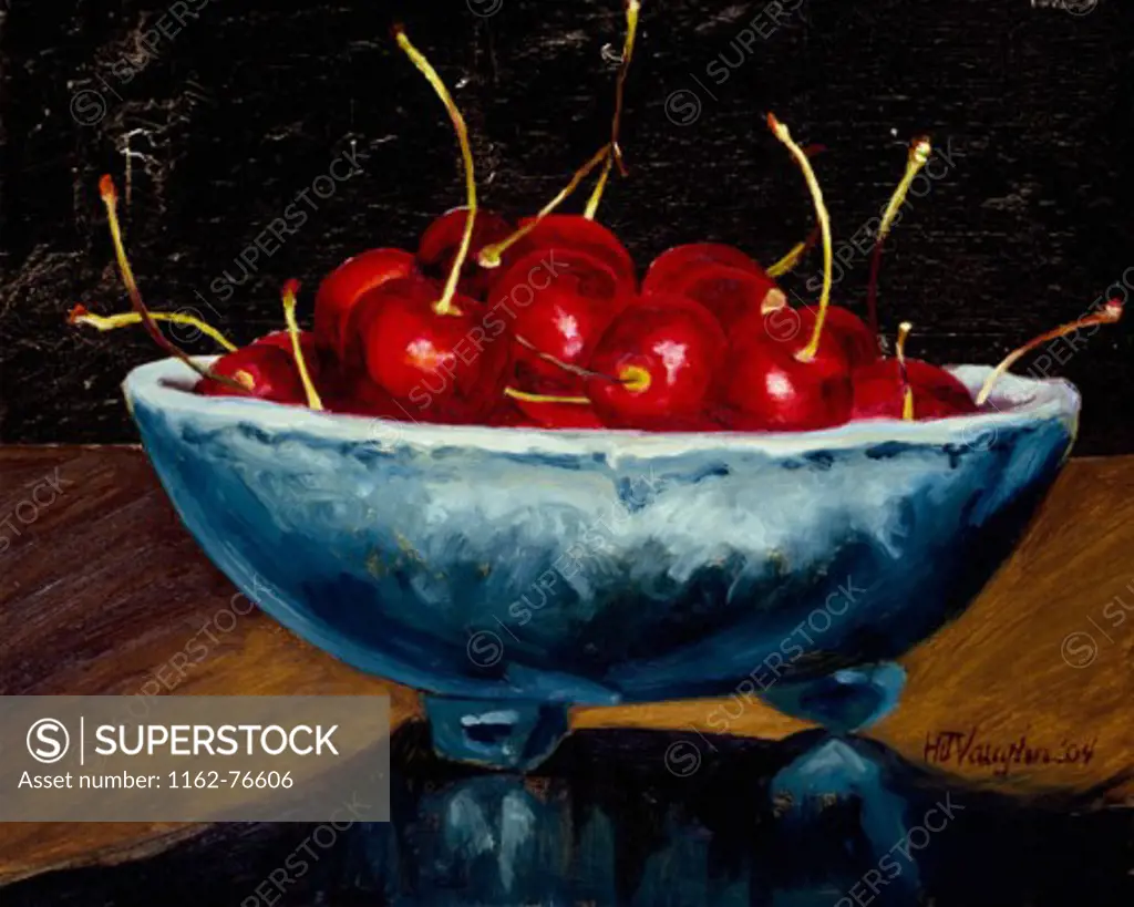 Red Cherries In A Blue Bowl 2004 Helen J. Vaughn (20th C. American) Oil G.Leaf On Board Private Collection