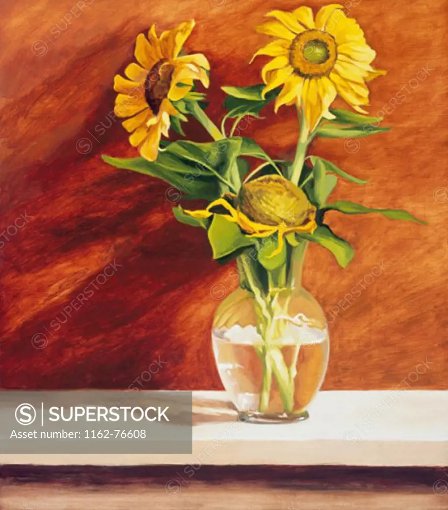 Sunflowers In A Glass Bowl 2004 Helen J. Vaughn (20th C. American) Oil On Board Private Collection