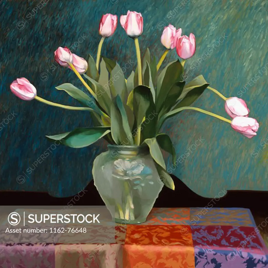 Pink and White Tulips in Green Vase, oil painting