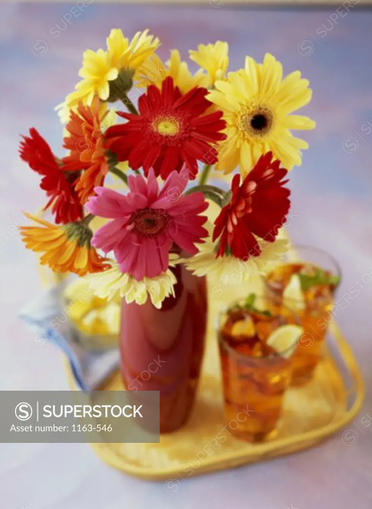 Two glasses of ice tea with a vase on a tray