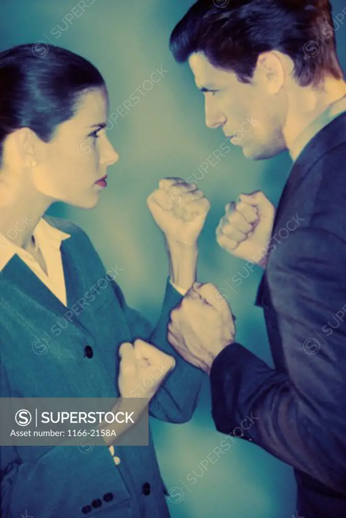Businessman and a businesswoman showing each other their fists