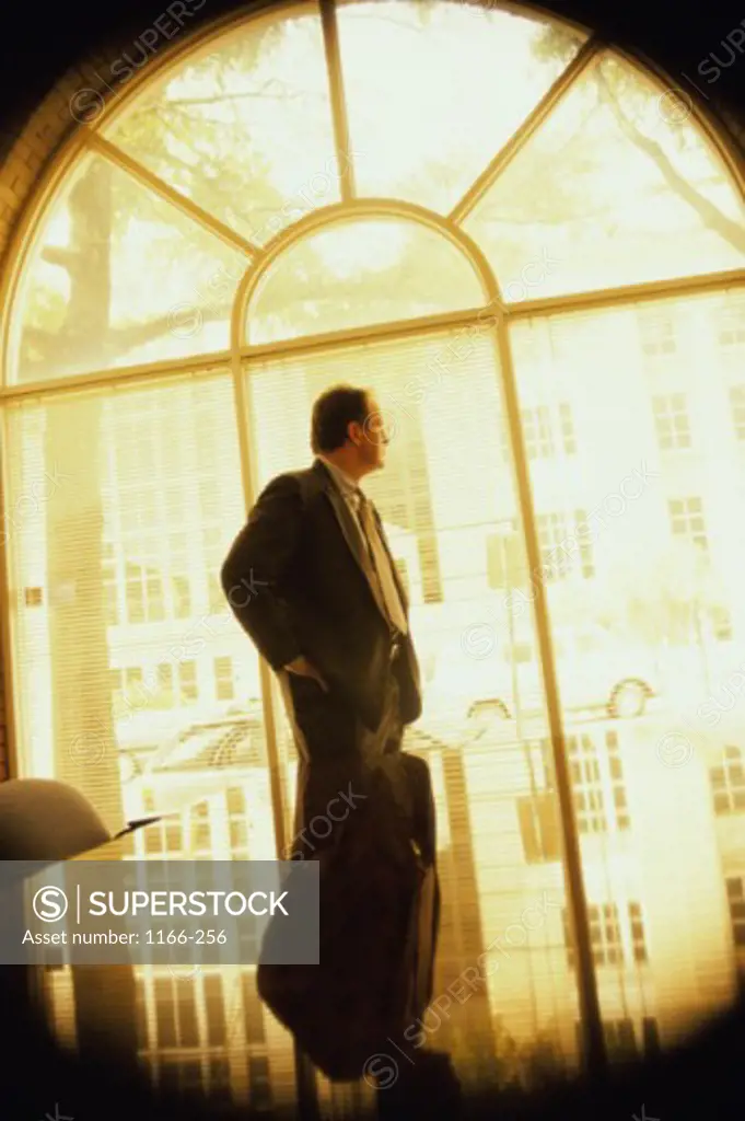 Businessman looking out of a window in a conference room