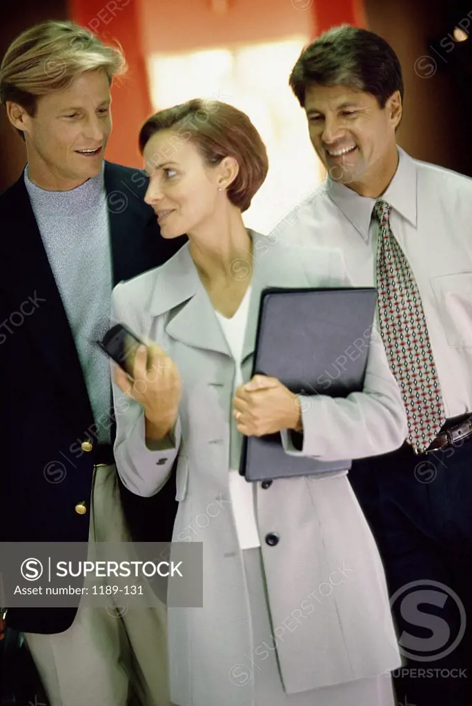 Two businessmen and a businesswoman talking