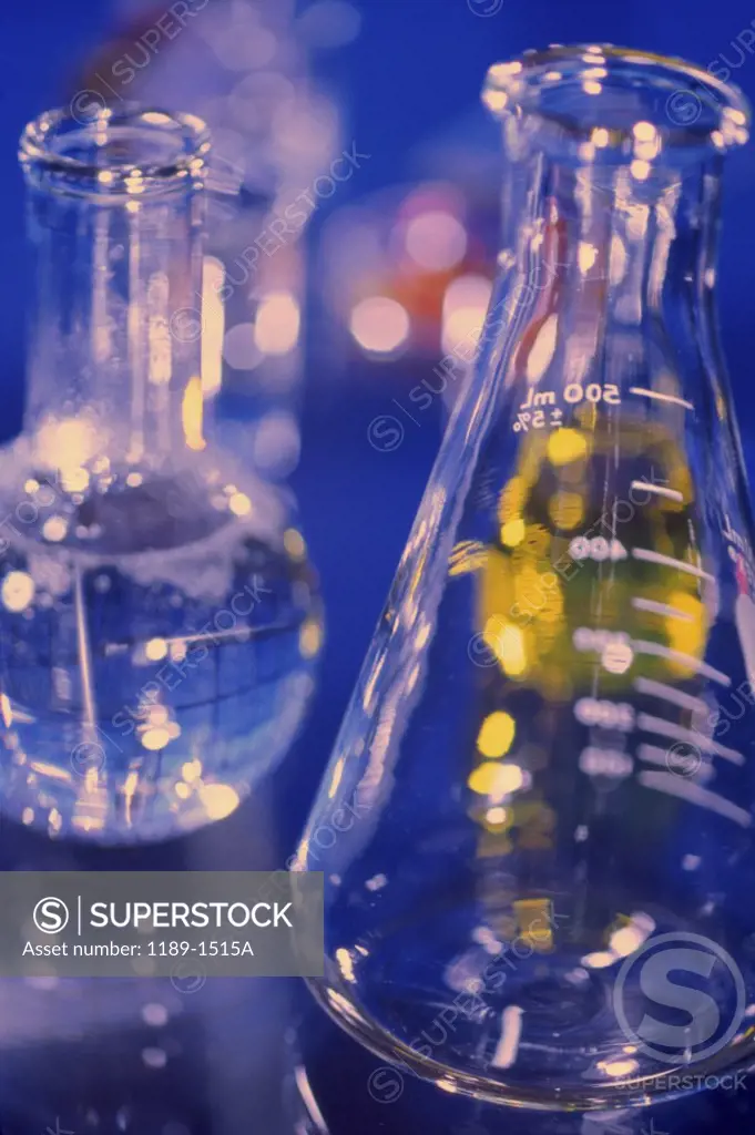 Close-up of chemicals in beakers in a laboratory