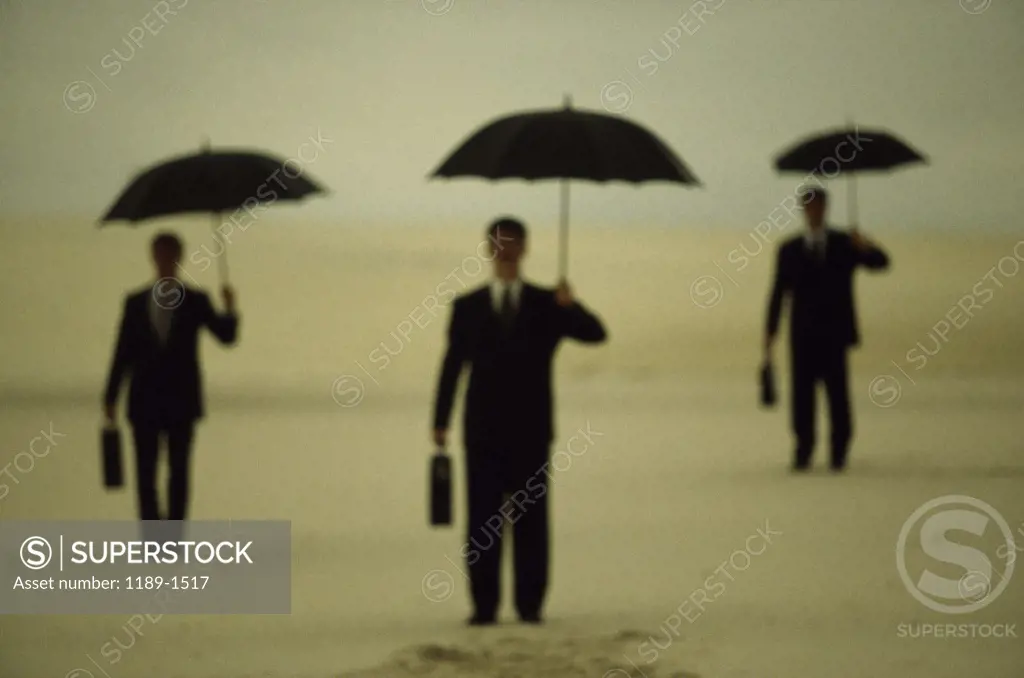 Three businessmen holding umbrellas in the desert