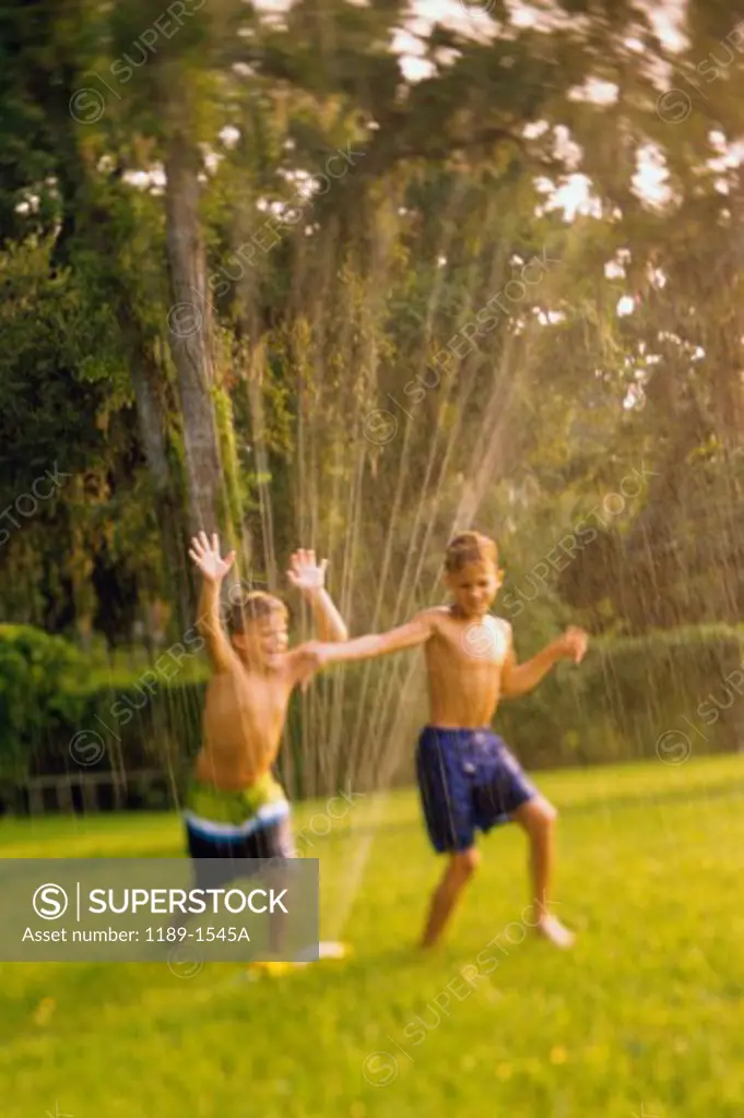 Two boys playing in a water sprinkler on a lawn