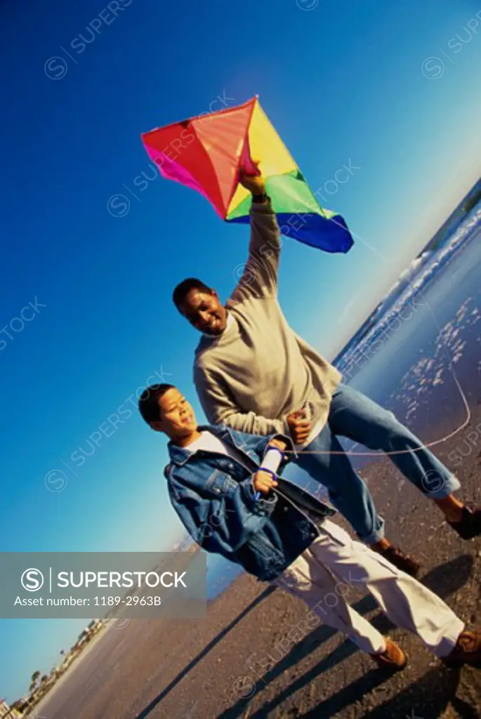 Mid adult man flying a kite with his son on the beach