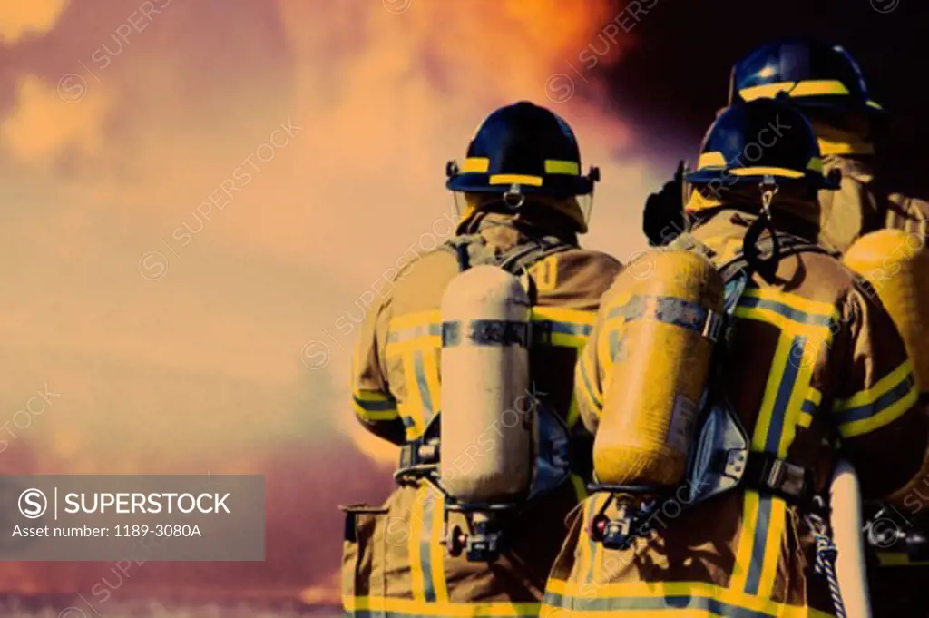 Rear view of three fire fighters extinguishing a fire