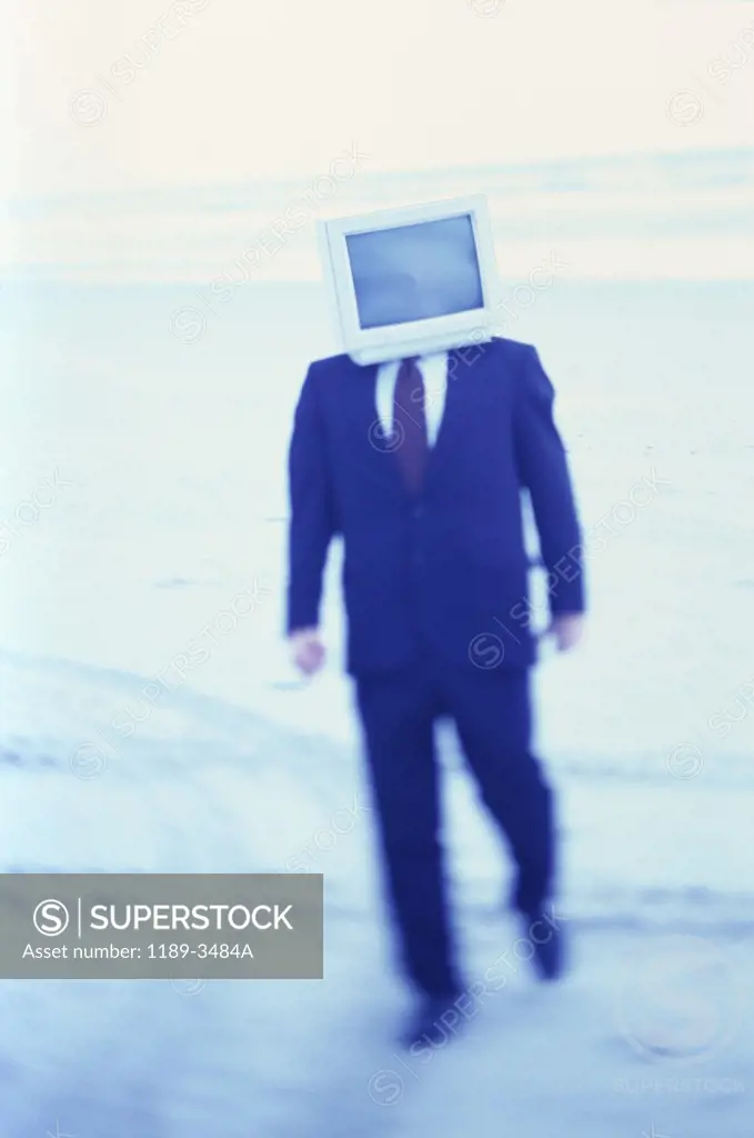 Computer monitor on a businessman's head