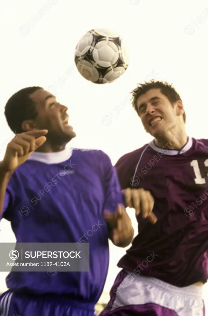 Two soccer players jumping to head a soccer ball