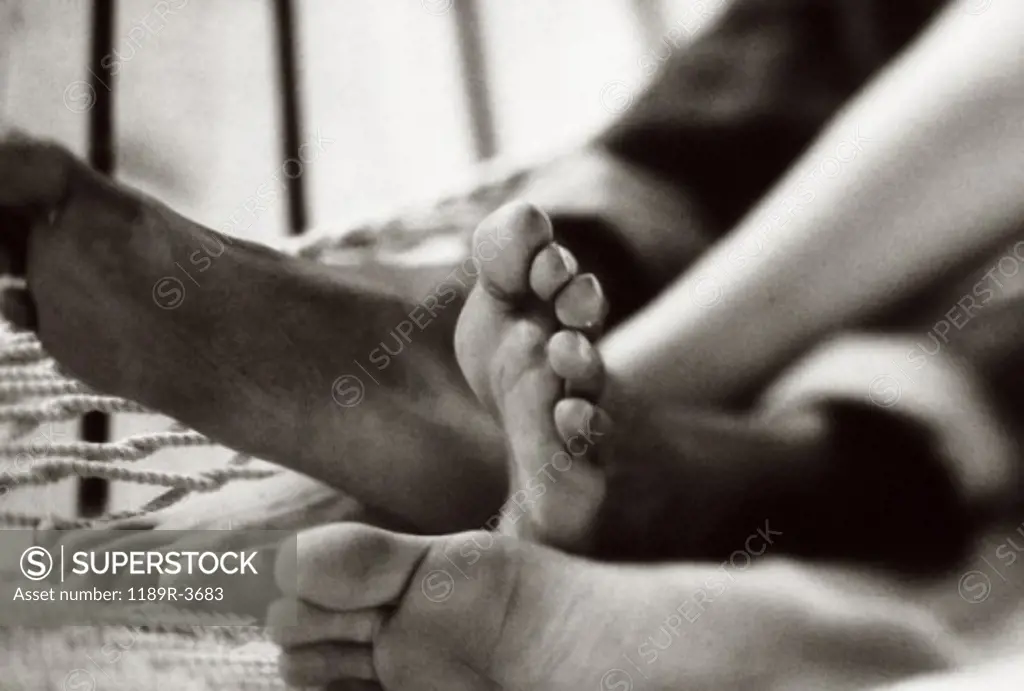 Feet of a couple lying in a hammock