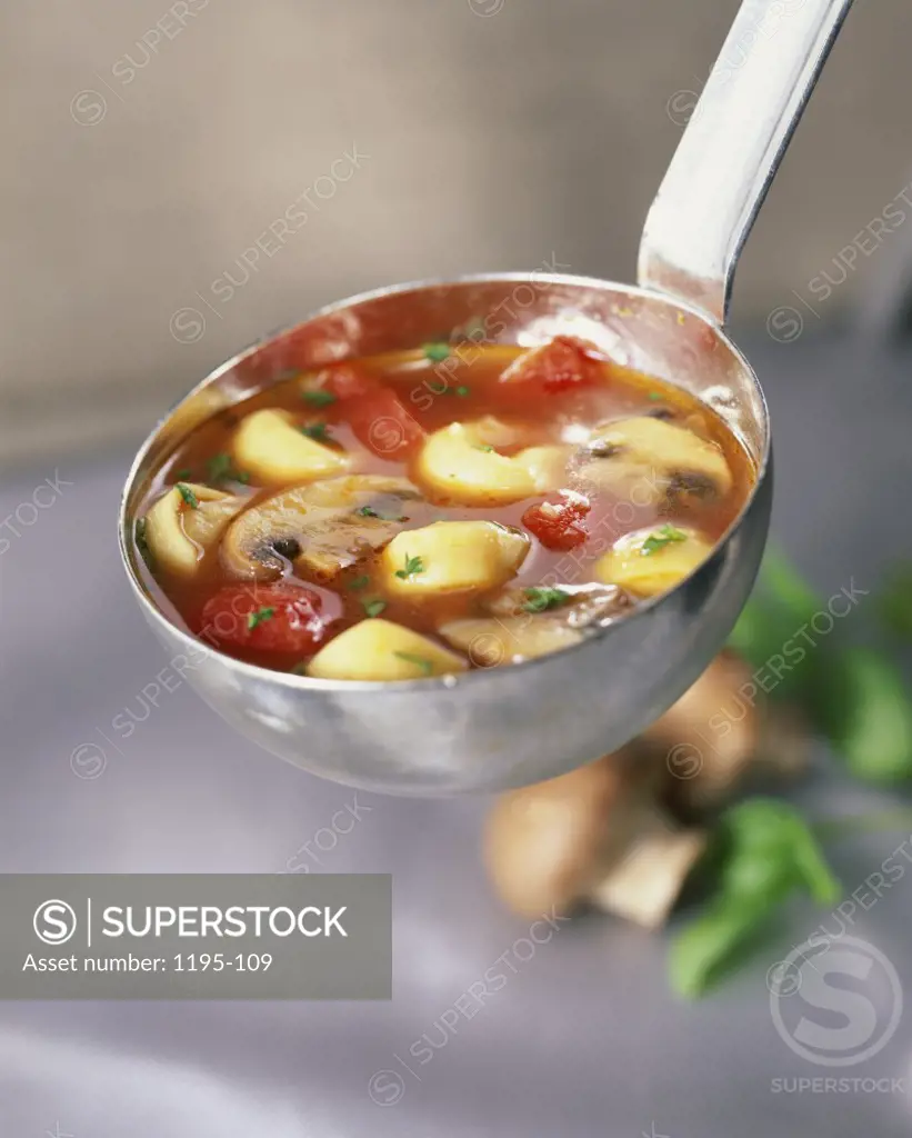 Tomato and mushroom soup in a ladle