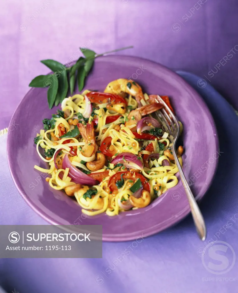 Pasta with Shrimp and Red Onions in a dish