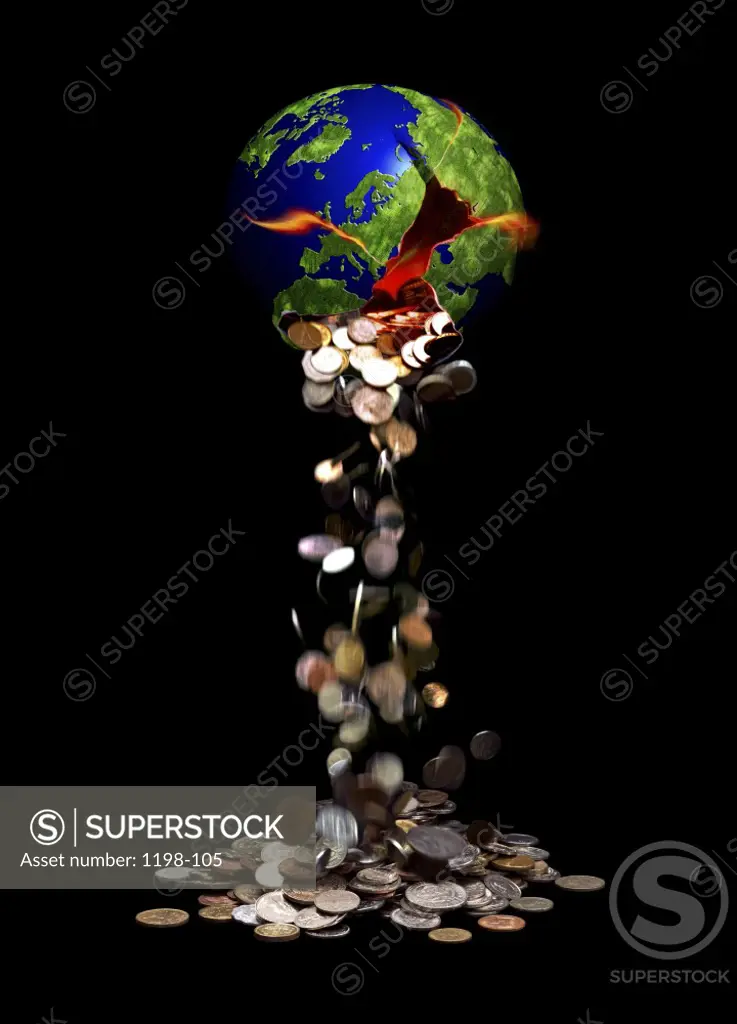 Coins falling out of a broken globe