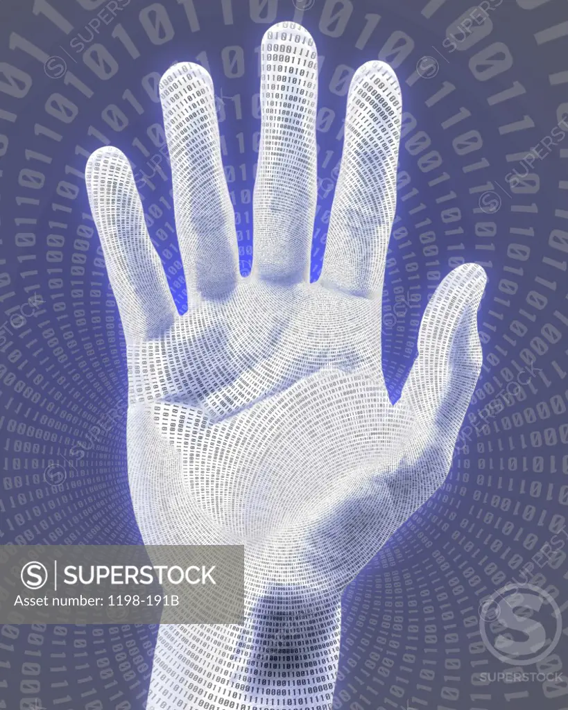 Close-up of binary code superimposed over a person's hand