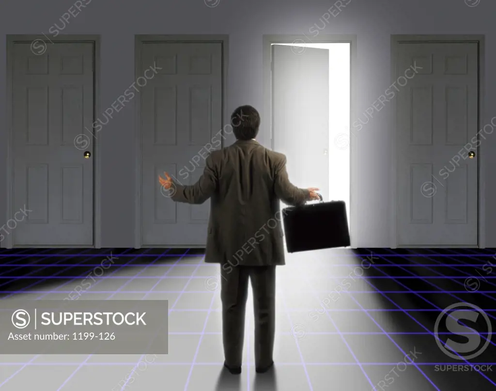 Rear view of a businessman holding a briefcase standing in front of an open door
