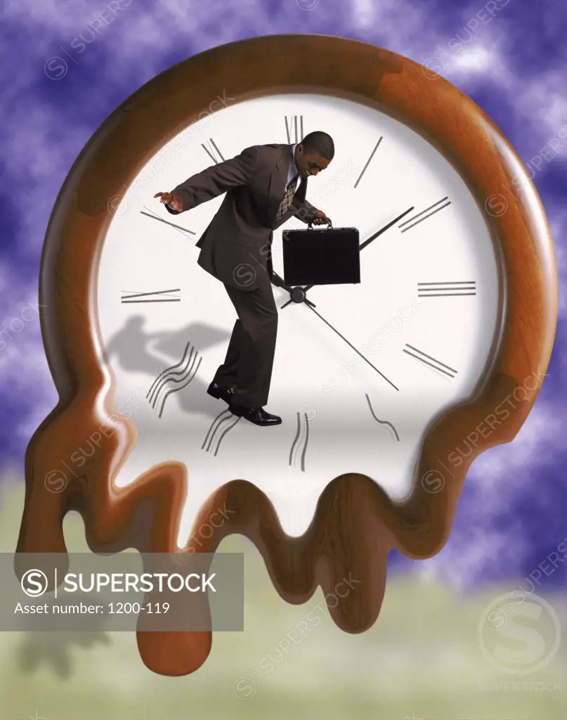 Businessman standing in a melting clock