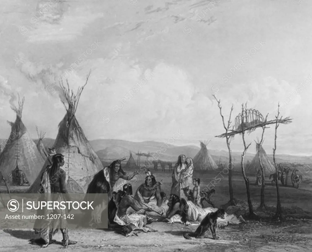 Funeral Scaffold of a Sioux Chief Near Fort Pierre,  Travels in North America by M. van de Weis,  USA,  Pennsylvania,  Philadelphia,  Academy of Natural Sciences