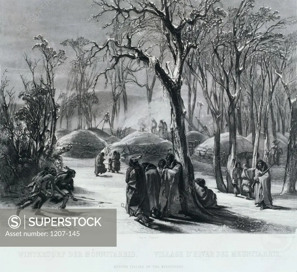 Winter Village of The Minatarres  "Travels in North America" by M. van de Weis  Bodmer Prints  Academy of Natural Sciences, Philadelphia 