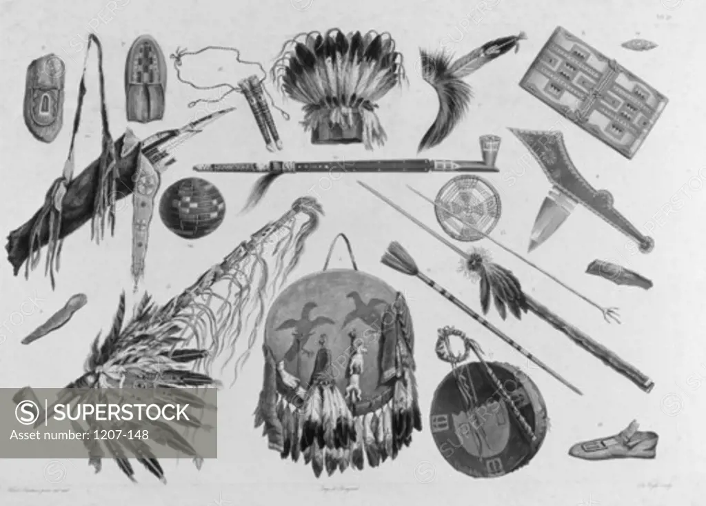 Indian Utensils & Arms  from Travels of North America by  M. Van De Weis,  USA,  Pennsylvania,  Philadelphia,  Academy of Natural Sciences
