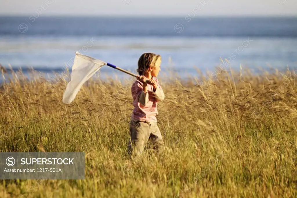 Boy holding a butterfly net in a field