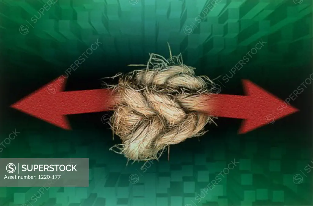 Close-up of a tangled rope with two arrow signs