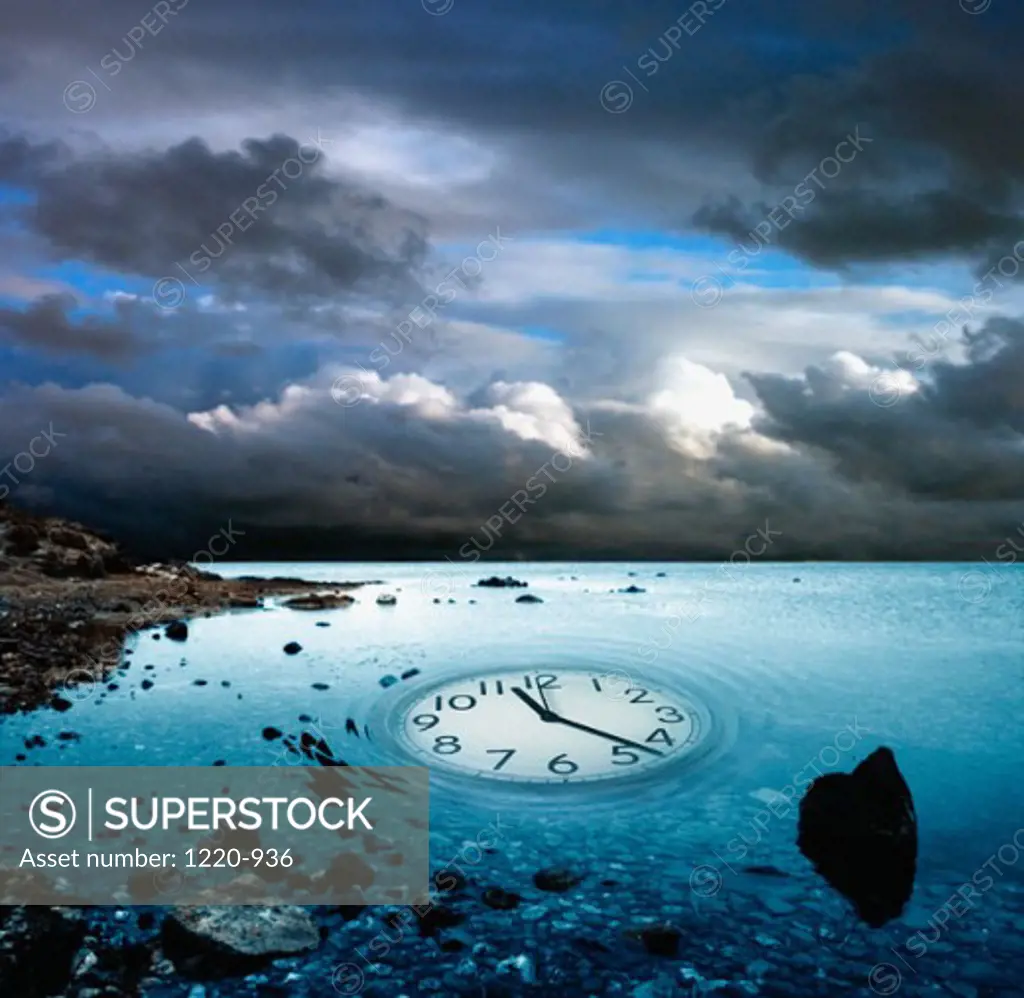 Clock superimposed on water