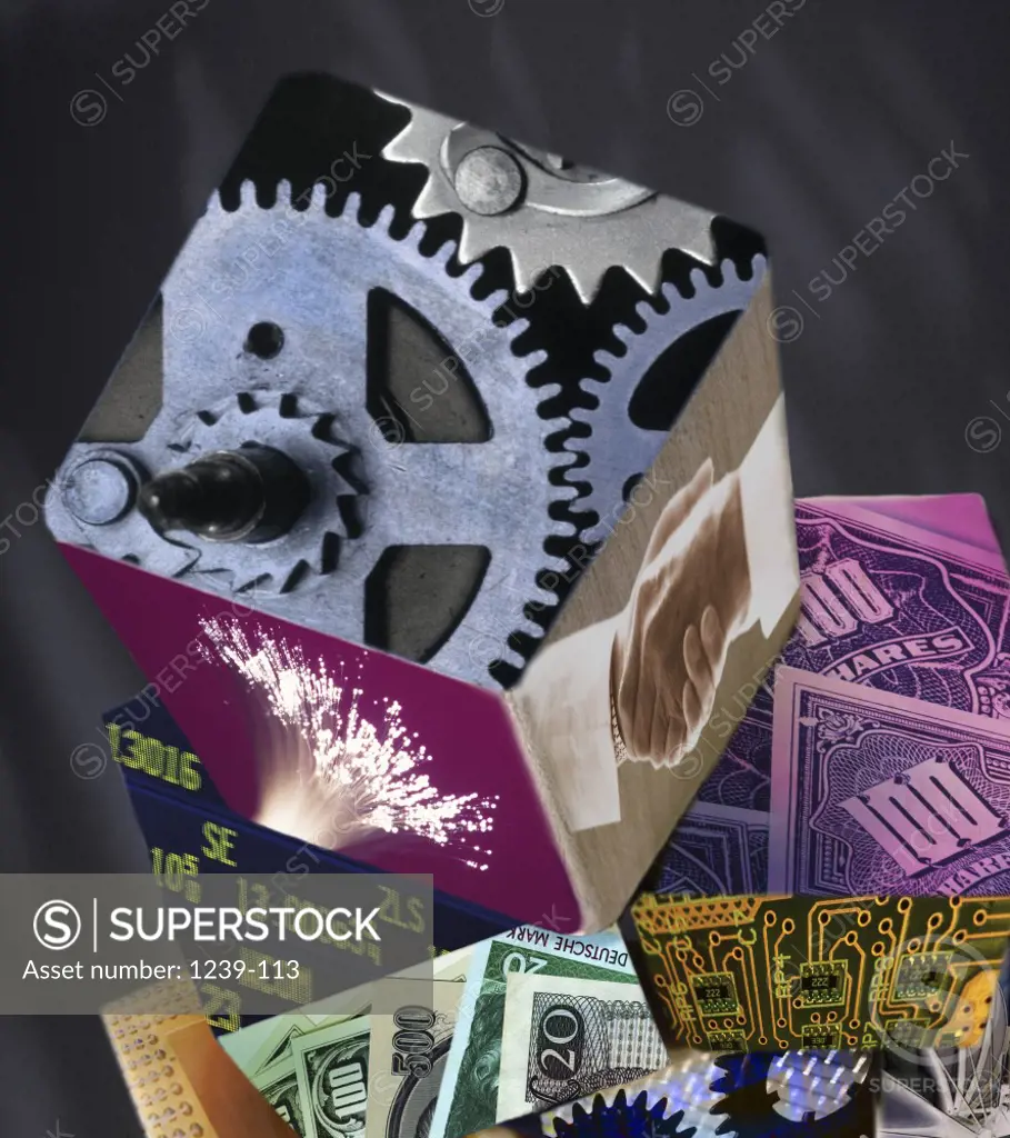 Cog wheels superimposed over a cube