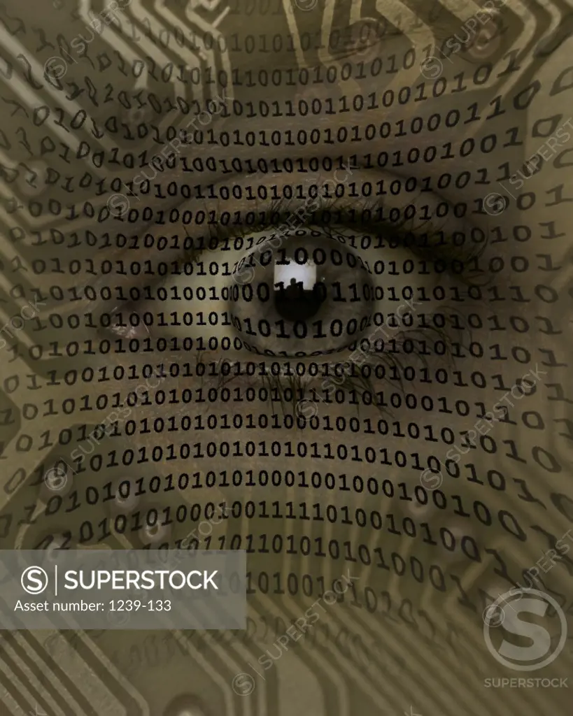 Close-up of a human eye superimposed over binary code