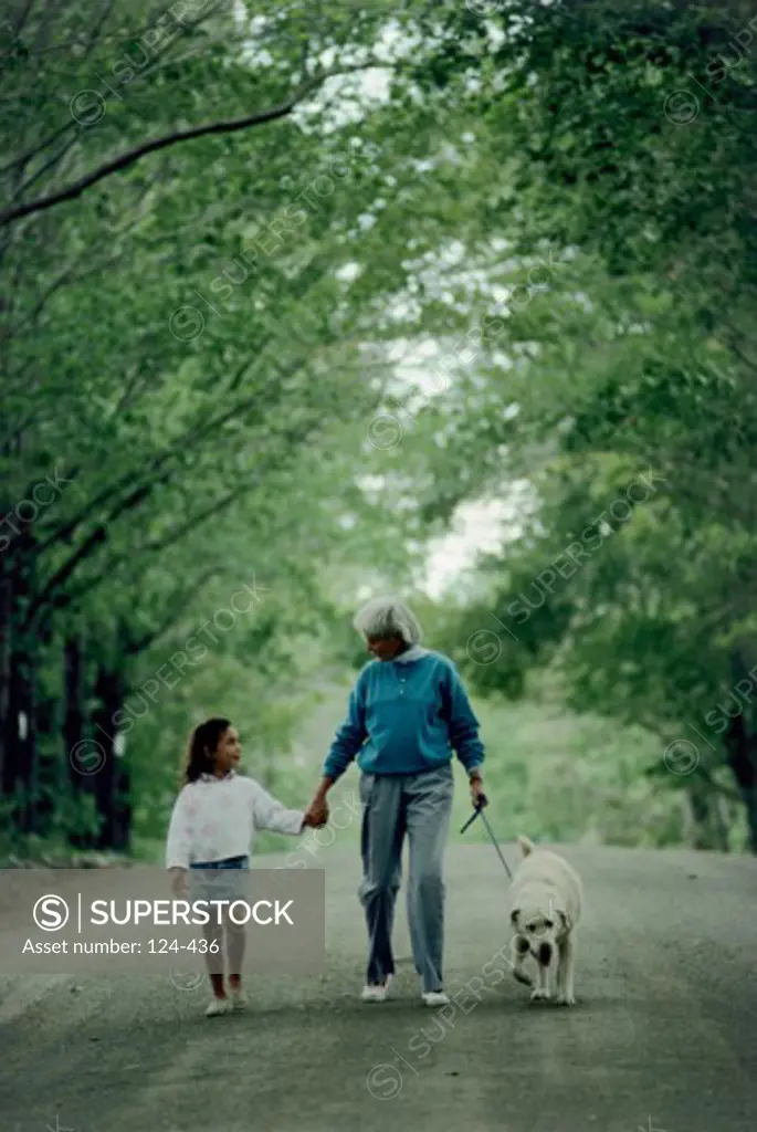 Senior woman and her granddaughter walking a dog on a road