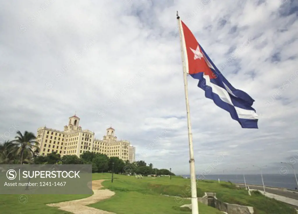 Flag of Cuba fluttering at the Hotel Nacional, Havana, Cuba