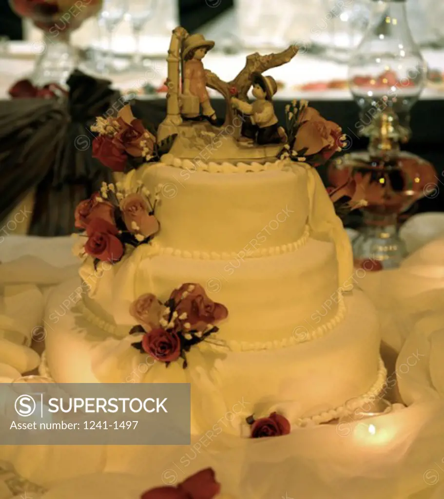 Close-up of a tiered wedding cake on a table