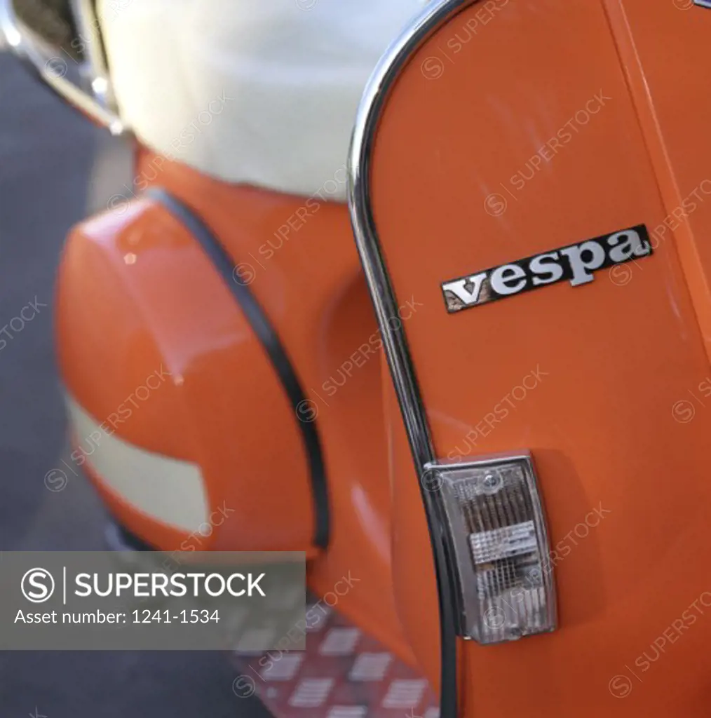 Close-up of a Vespa motor scooter