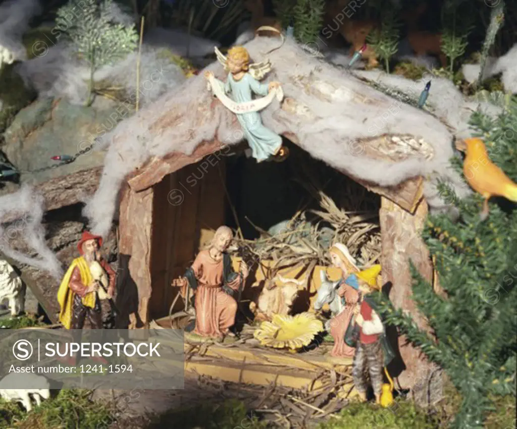 High angle view of figurines depicting a nativity scene
