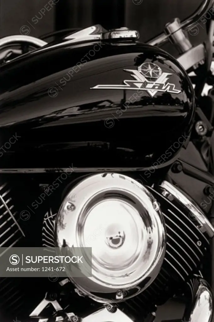 Close-up of the gas tank of a motorcycle
