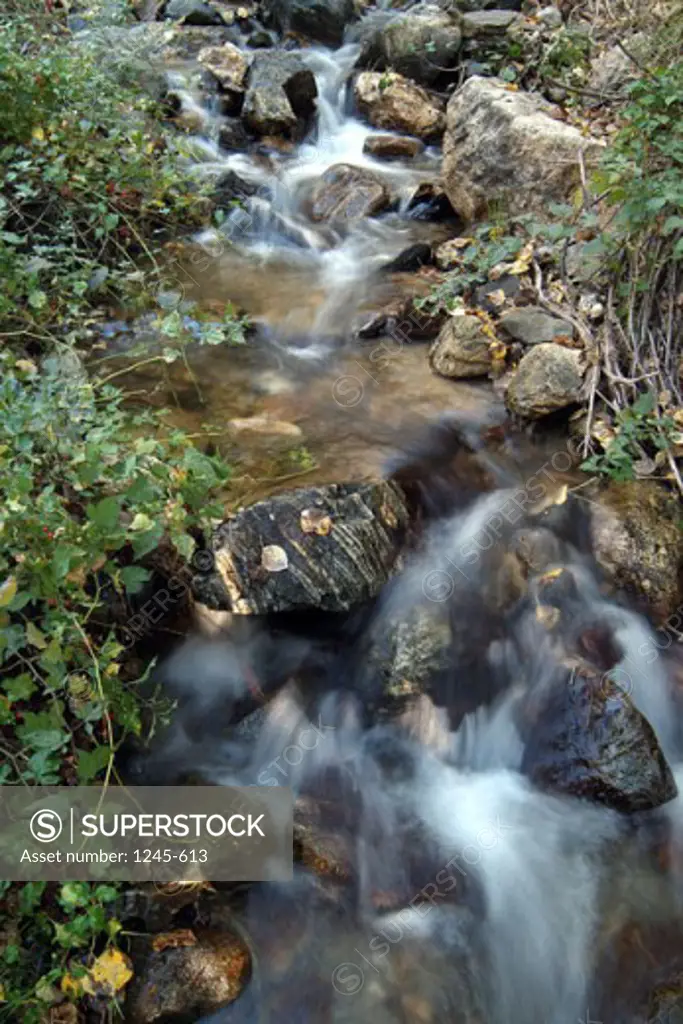 High angle view of water flowing through rocks, Ricks Creek, Farmington, Utah, USA