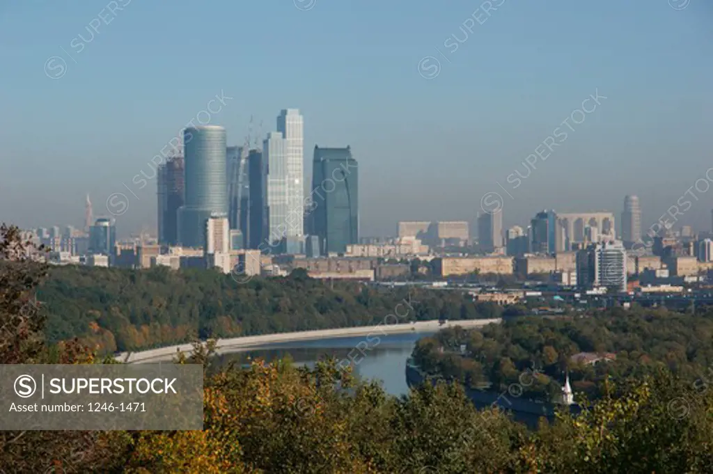 RUSSIA, Moscow,seen from Sparrow Hills: Moskva River in front, modern high-rise buildings at rear