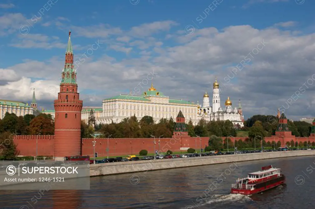RUSSIA, Moscow:  View towards Kremlin, Moskva River, excursion ship