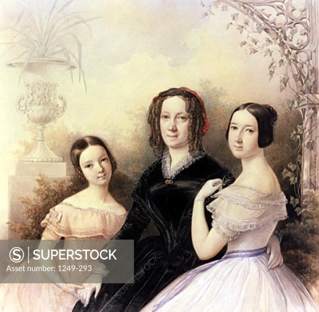 Portrait of E.N. Obolenskaya with Her Daughters by E.P. Gau, 1840, b.1807, Russia, Yaroslavl, Historical and Fine Art Museum
